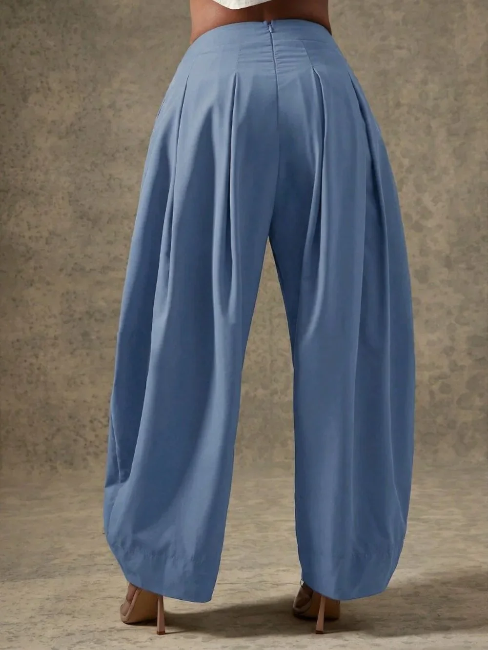 Dusty Blue Casual Women's High Waist Pleated Detail Barrel Leg Office Pants